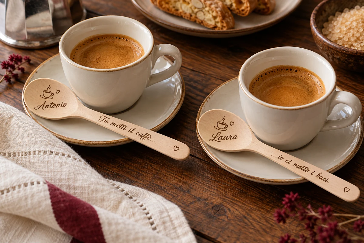 Una coppia di cucchiaini personalizzati accanto a due tazzine di caffè